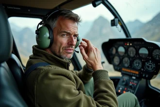 Passager en hélicoptère ressentant les symptômes du mal des montagnes en vol, main sur la tempe, cockpit montagneux visible en arrière-plan