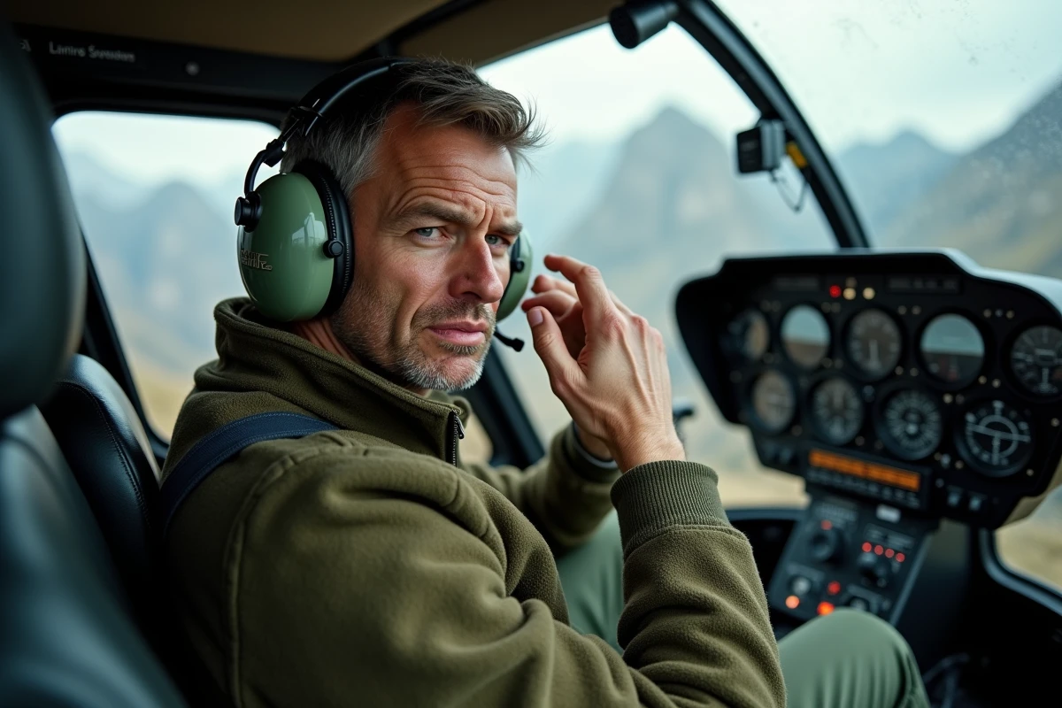 Passager en hélicoptère ressentant les symptômes du mal des montagnes en vol, main sur la tempe, cockpit montagneux visible en arrière-plan