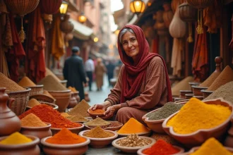 Marchande de épices dans un souk de Marrakech avec des bols colorés de safran, cumin et paprika