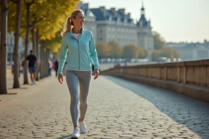 Femme d'une quarantaine d'années marchant pour se remettre en forme le long des quais de Seine à Paris
