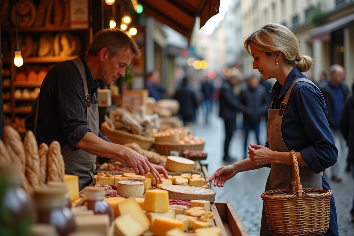 Femme sélectionnant des fromages artisanaux sur un marché parisien traditionnel, illustration de la gastronomie française