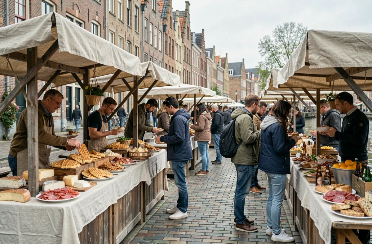 Marché alimentaire du week-end à Gand avec étals de gaufres belges, fromages artisanaux et bières régionales sur pavés flamands