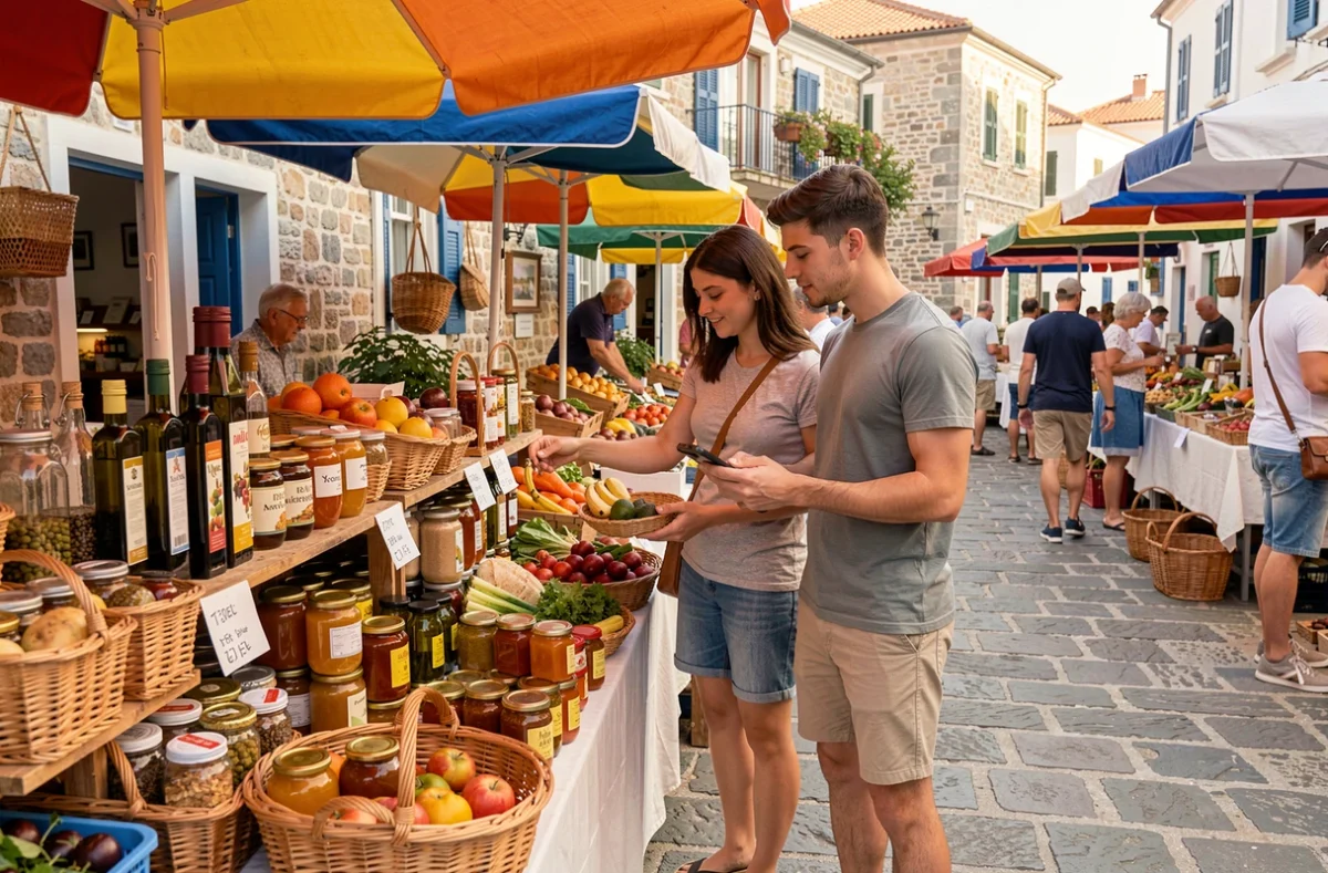Couple comparant les prix dans un marché local de Zakynthos lors d'un voyage économique en Grèce