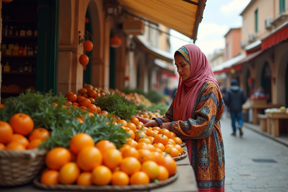 Femme marocaine dans un marché en plein air en février avec agrumes et épices sous un auvent coloré
