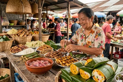 Étale de marché traditionnel à Mindanao avec des spécialités locales philippines comme le kinilaw et des brochettes de porc grillées