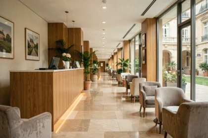 Hall d'accueil d'un hôtel moderne dans le Val-d'Oise, avec un décor contemporain et une atmosphère chaleureuse