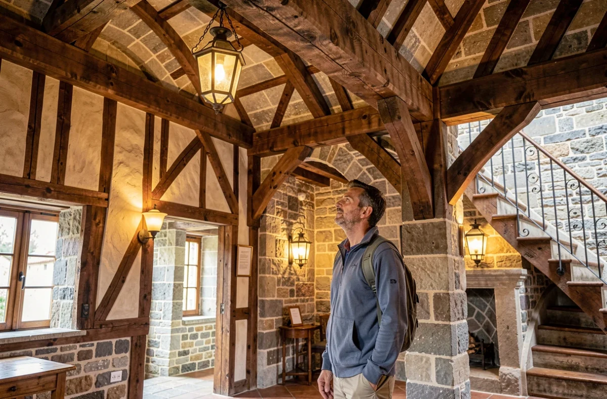 Hall voûté en pierre du Mercure Figeac Viguier du Roy avec poutres apparentes et escalier en fer forgé