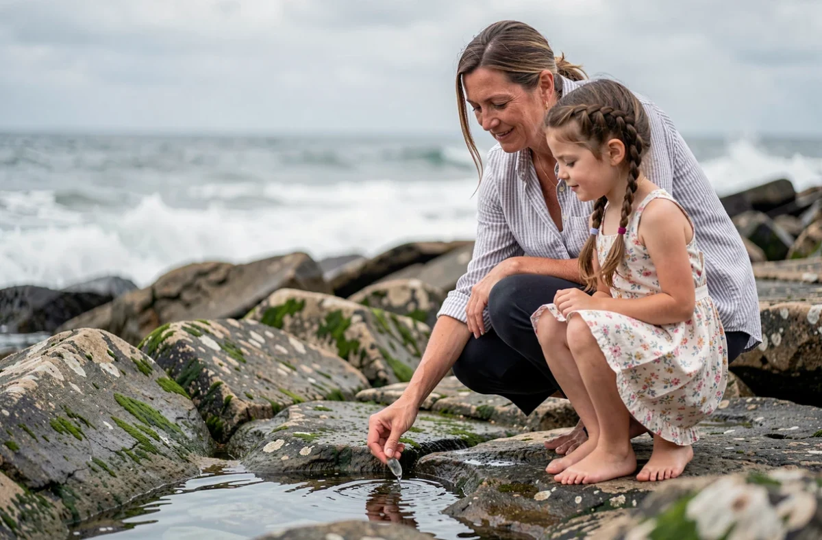 Mère et fille observant un bassin naturel sur la côte atlantique lors d'un court séjour en famille