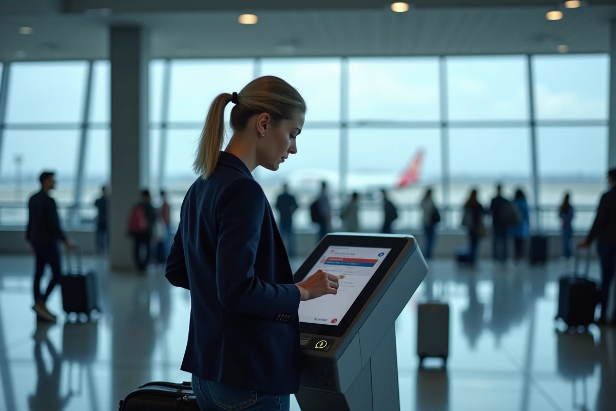 Femme consultant un kiosque d'enregistrement en libre-service dans un aéroport international pour modifier les détails de son vol