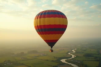 Montgolfière colorée en vol au-dessus de champs verts vue depuis le sol en contre-plongée