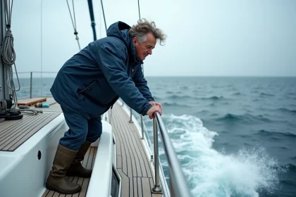 Marin agrippé à la rambarde d'un voilier en pleine mer, illustrant les zones de mouvement sur un bateau