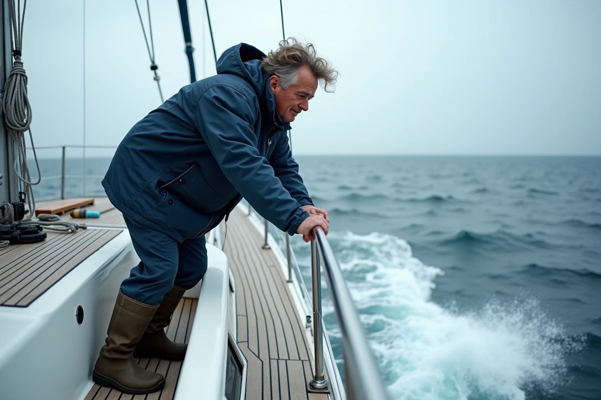 Marin agrippé à la rambarde d'un voilier en pleine mer, illustrant les zones de mouvement sur un bateau