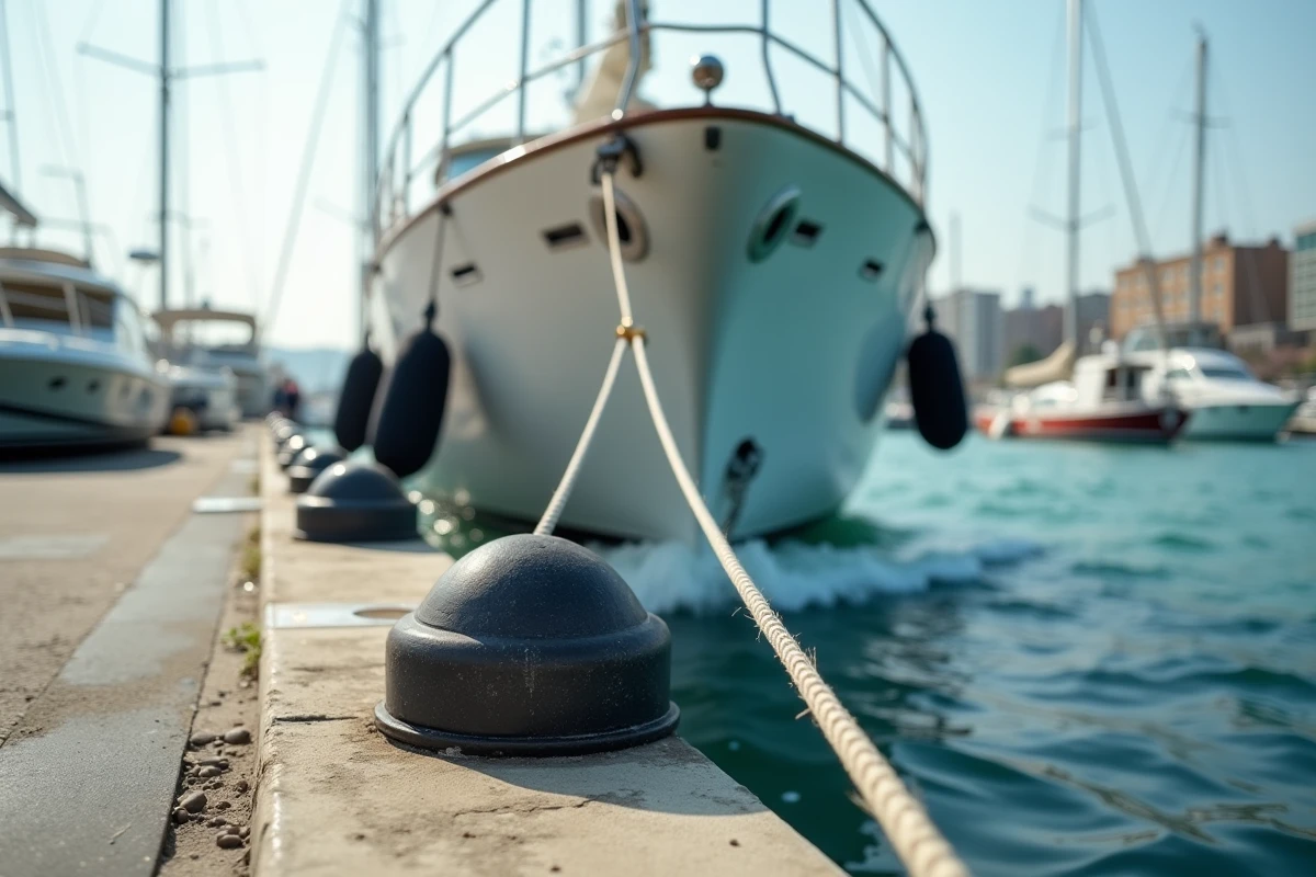 Poupe d'un grand yacht à moteur amarré dans un port, cordes tendues illustrant le mouvement permanent d'un bateau