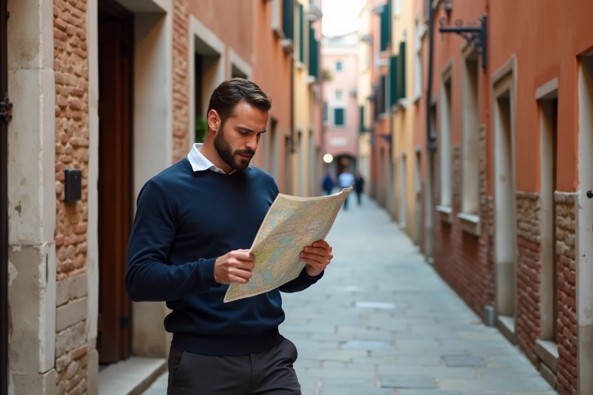 Homme consultant une carte papier dans une ruelle étroite de Venise, montrant la complexité de la navigation piétonne dans la ville
