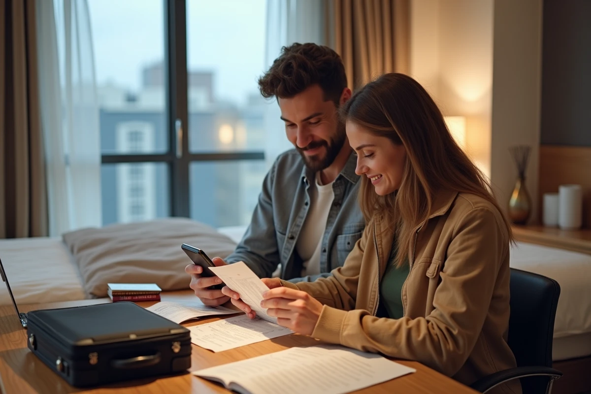 Couple numérisant ses documents de voyage dans une chambre d'hôtel pour sauvegarde numérique