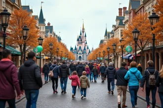 Vue grand angle de la rue principale de Disneyland Paris avec des familles en visite et le château de la Belle au Bois Dormant en arrière-plan