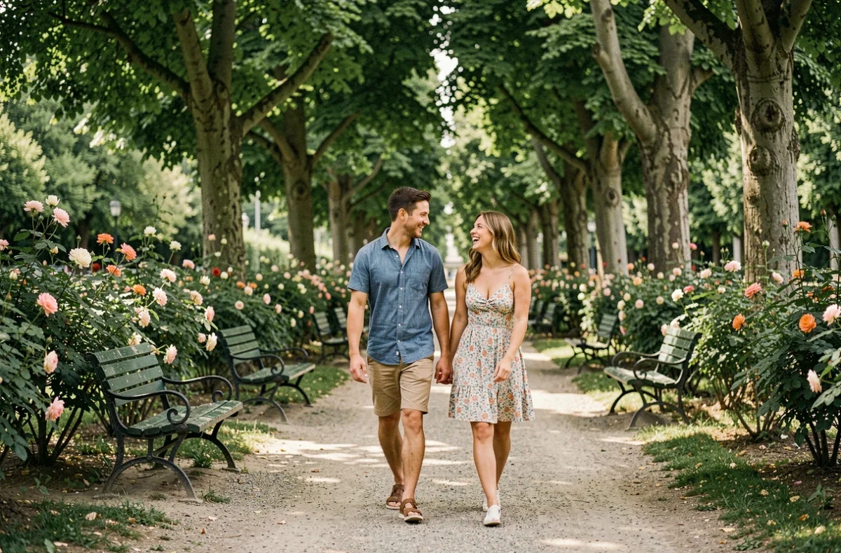Couple se promenant dans un parc secret parisien ombragé, allée de gravier bordée de rosiers et de marronniers en été