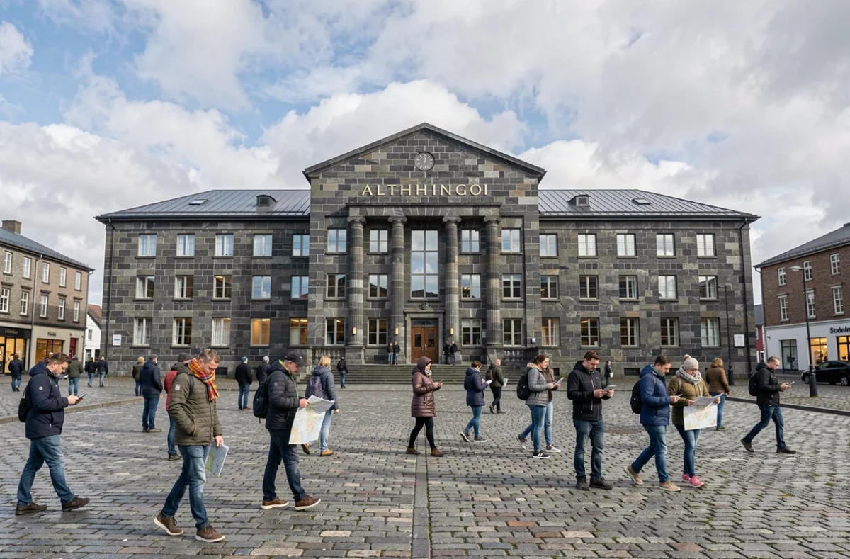 Parlement islandais Althingi à Reykjavik entouré de visiteurs sur la place publique, représentant la démocratie et la souveraineté de l'Islande en Europe