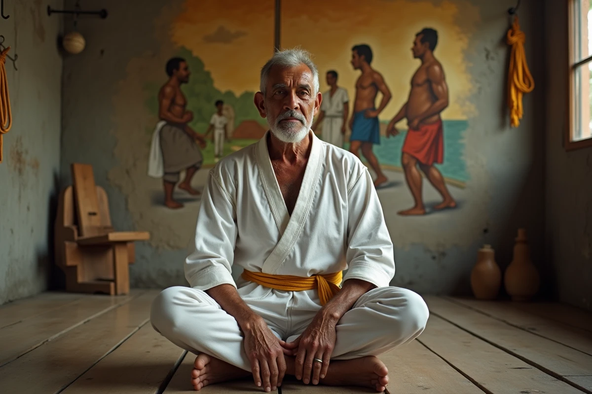 Maître de capoeira en tenue traditionnelle dans une académie de São Paulo, illustrant l'art martial afro-brésilien patrimoine culturel immatériel de l'UNESCO