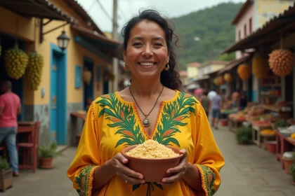 Femme brésilienne tenant un acarajé traditionnel dans un marché coloré de Salvador de Bahia, illustrant la culture afro-brésilienne