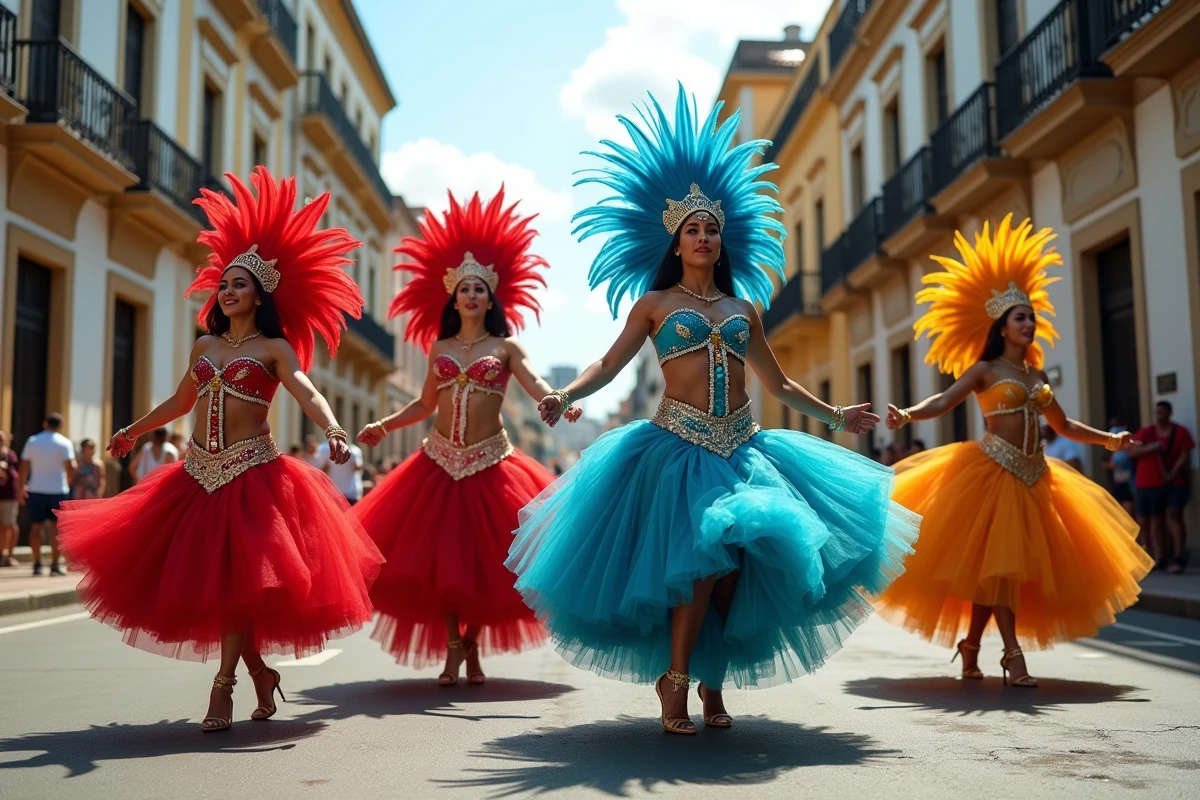 Danseurs de samba en costumes colorés lors d'une répétition de Carnaval dans les rues de Rio de Janeiro, symbole de la culture brésilienne