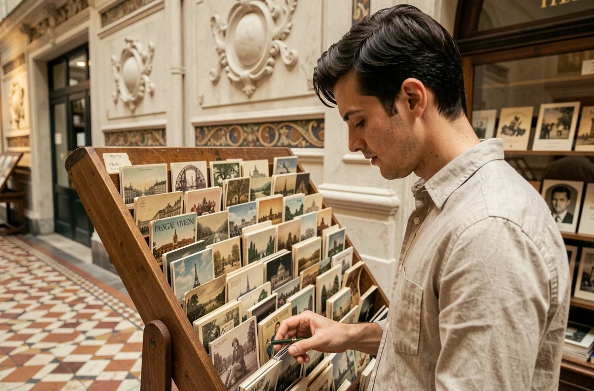Jeune homme feuilletant des cartes postales vintage devant une librairie ancienne du passage Vivienne, détail des mosaïques au sol