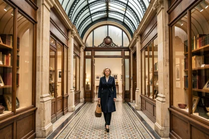 Femme se promenant dans le passage Vivienne à Paris, sous la verrière en fer forgé et le sol en mosaïque historique