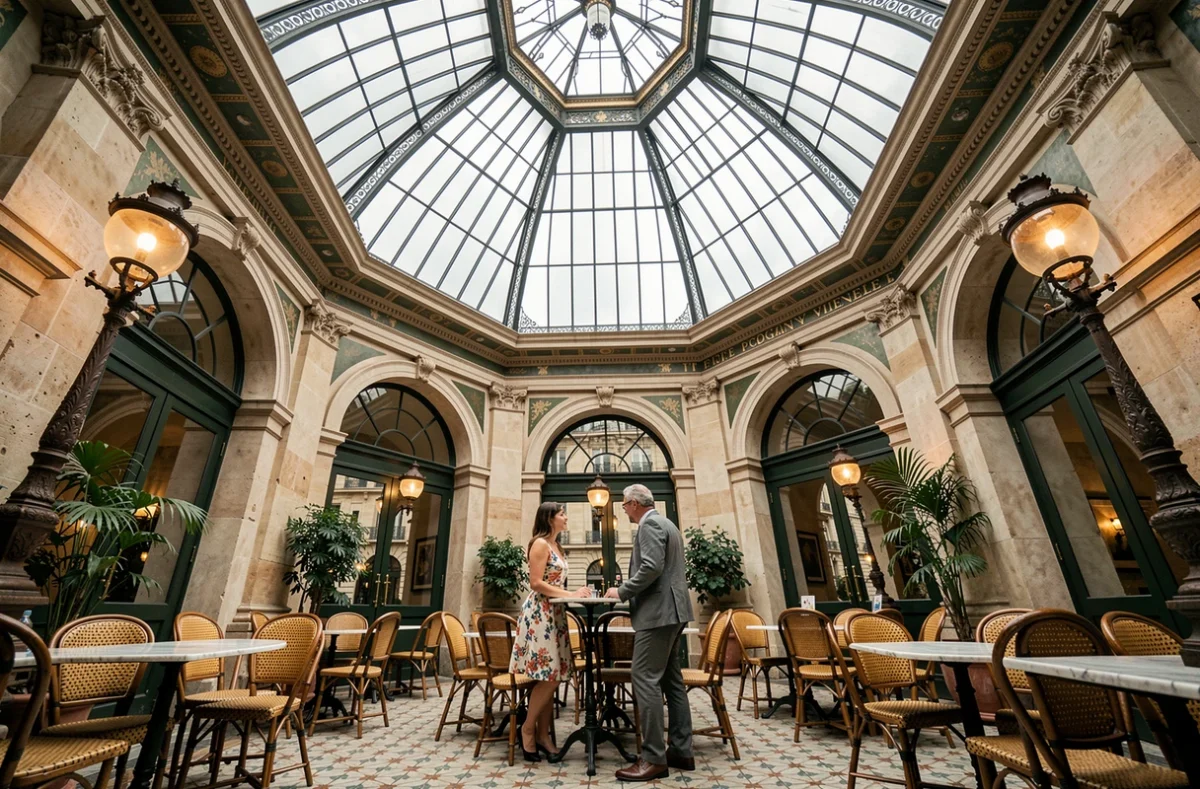 Couple attablé sous la coupole vitrée du passage Vivienne à Paris, vue sur les ferronneries et la verrière centrale