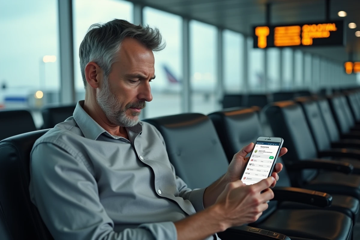 Homme consultant l'application de sa compagnie aérienne pour tenter de modifier les détails de son vol après l'enregistrement