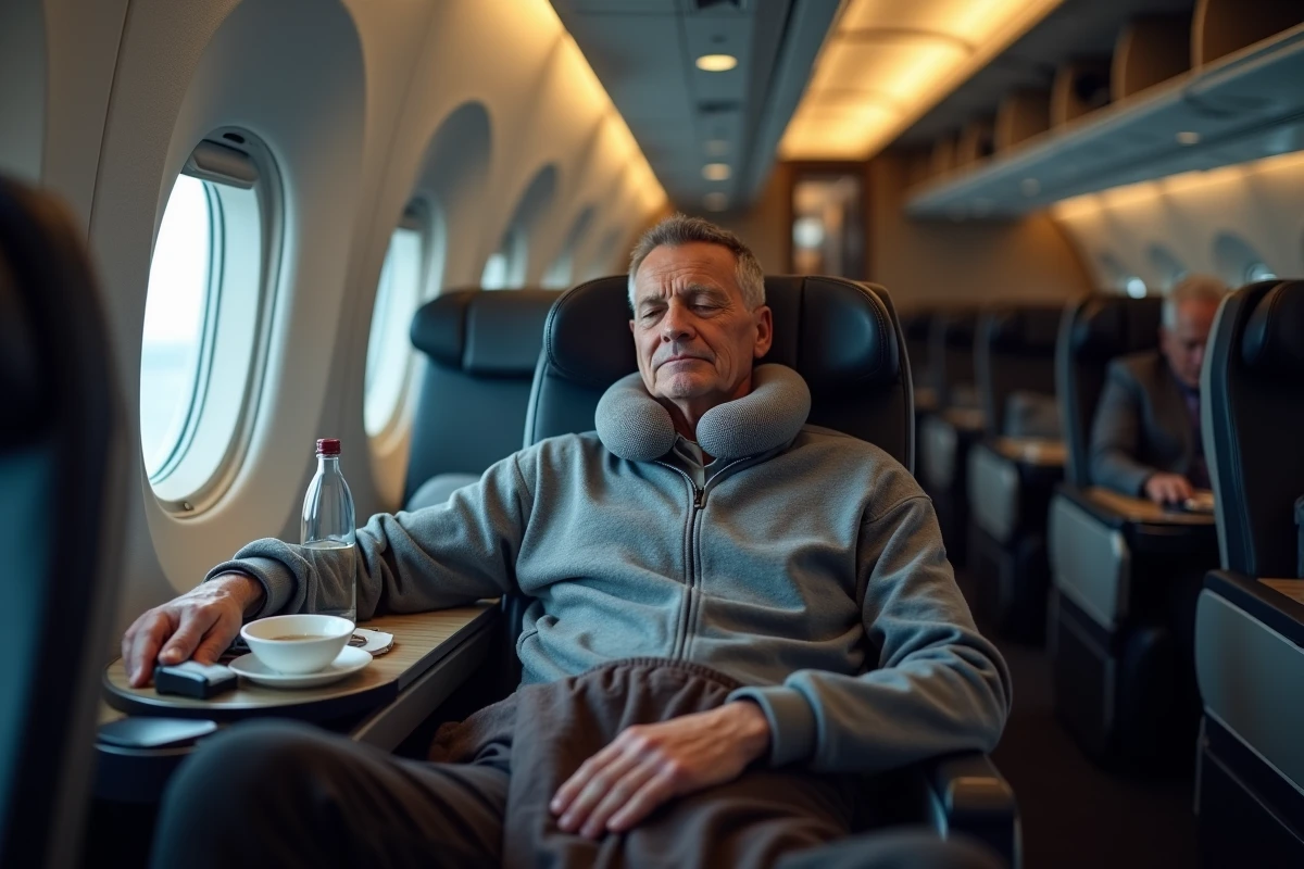 Passager fatigué en classe affaires dans un avion lors d'un vol ultra long-courrier