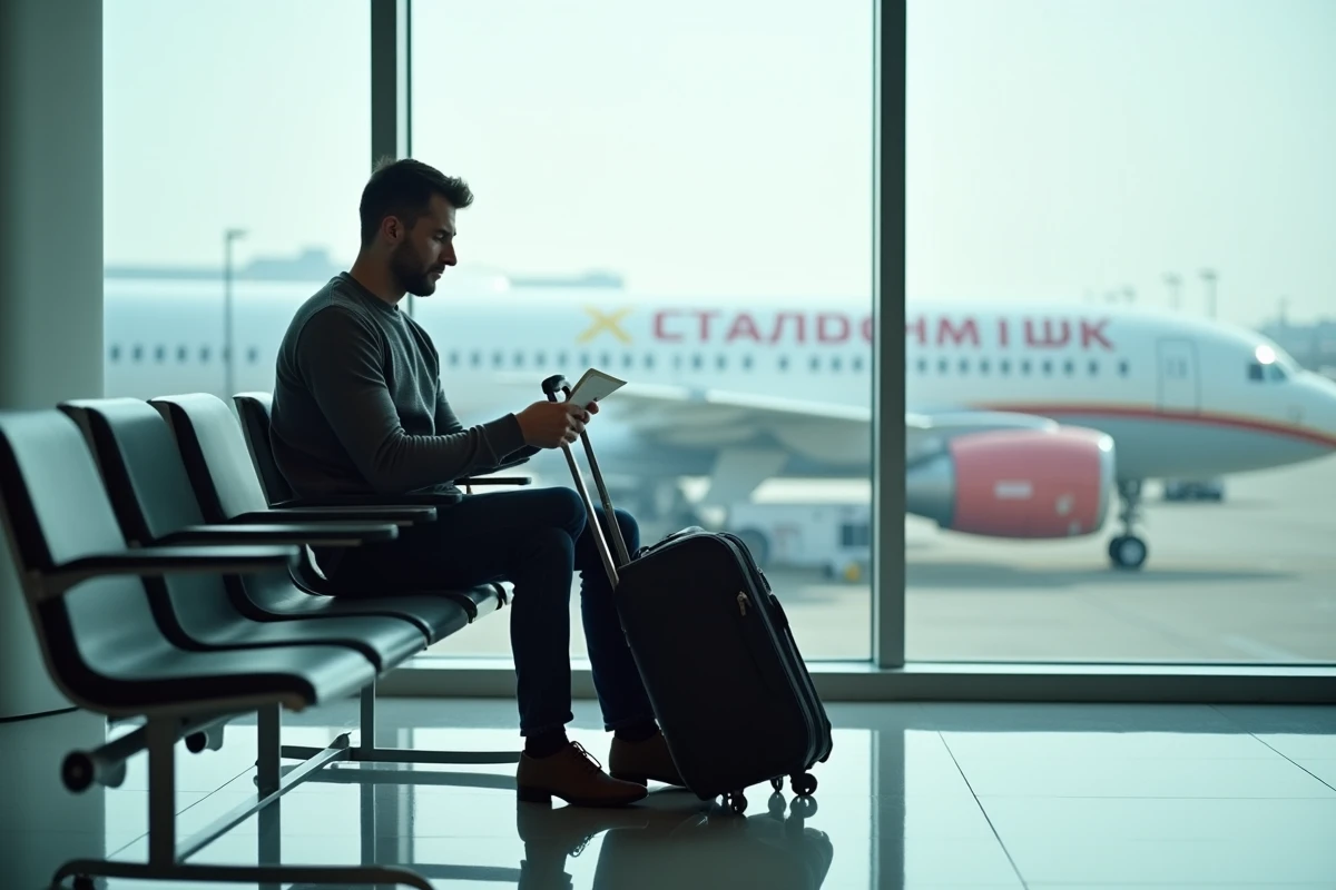 Passager français assis en salle d'embarquement avec avion aux inscriptions cyrilliques visible par la baie vitrée
