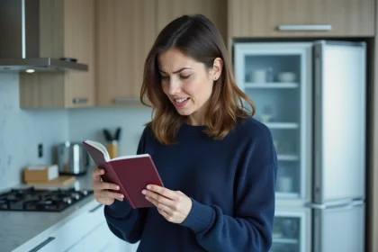 Femme tenant un passeport ouvert devant un congélateur entrouvert dans une cuisine moderne