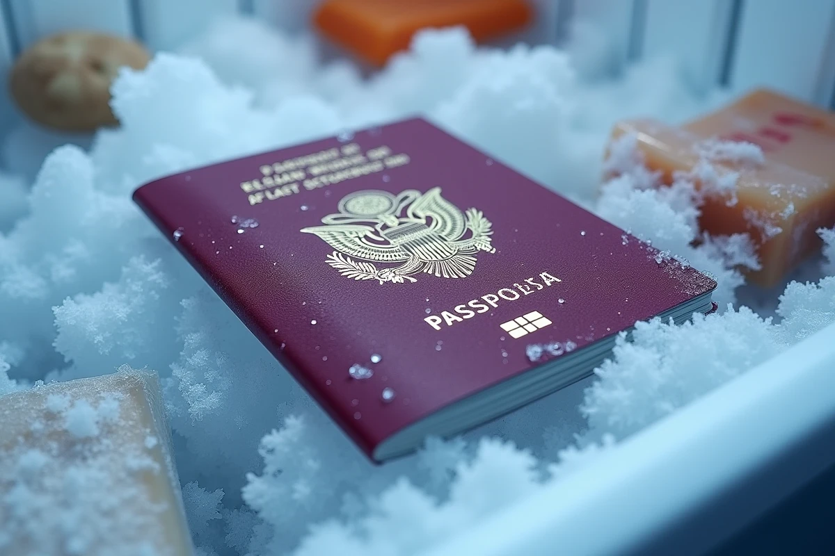 Passeport posé sur une étagère de congélateur recouverte de givre et de cristaux de glace