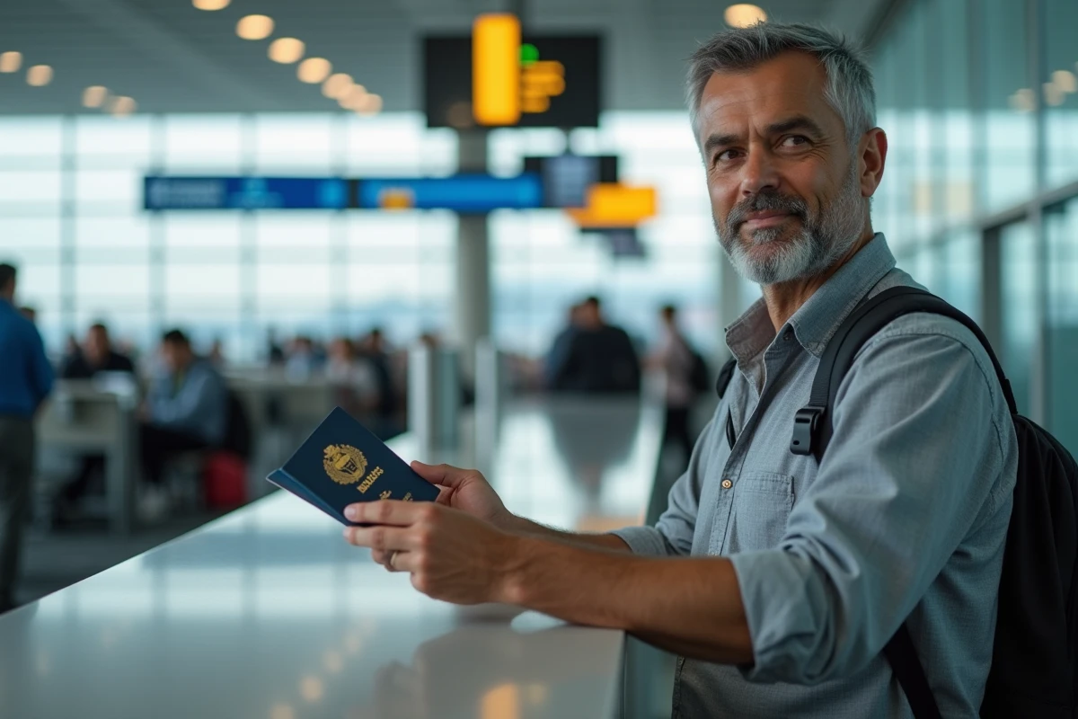 Homme présentant son passeport valide au comptoir d'enregistrement d'un aéroport