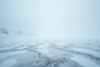 Paysage antarctique gelé avec fine couche de neige poudreuse soufflée sur la glace sous un ciel gris et brumeux