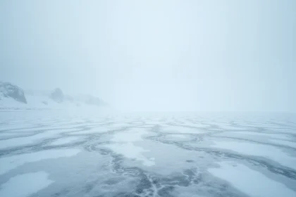 Paysage antarctique gelé avec fine couche de neige poudreuse soufflée sur la glace sous un ciel gris et brumeux
