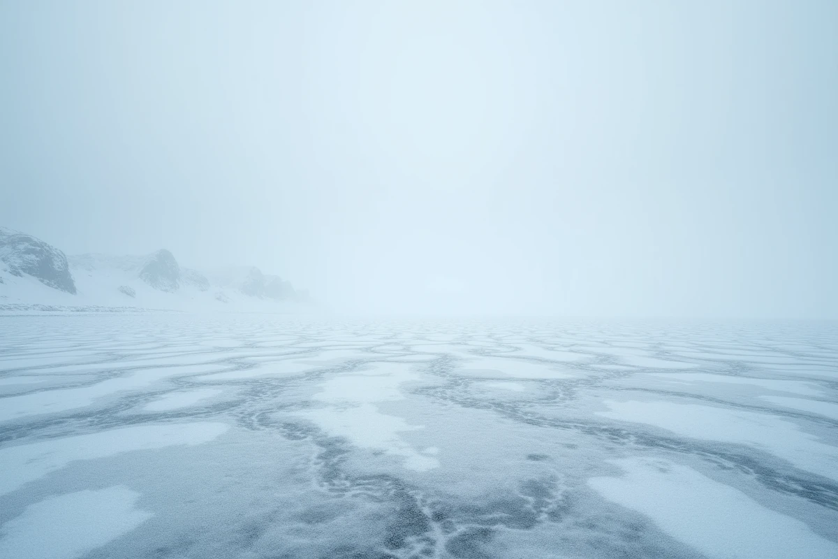 Paysage antarctique gelé avec fine couche de neige poudreuse soufflée sur la glace sous un ciel gris et brumeux