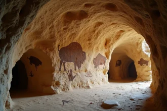 Peintures rupestres préhistoriques représentant des bisons et des empreintes de mains sur une paroi calcaire dans une grotte