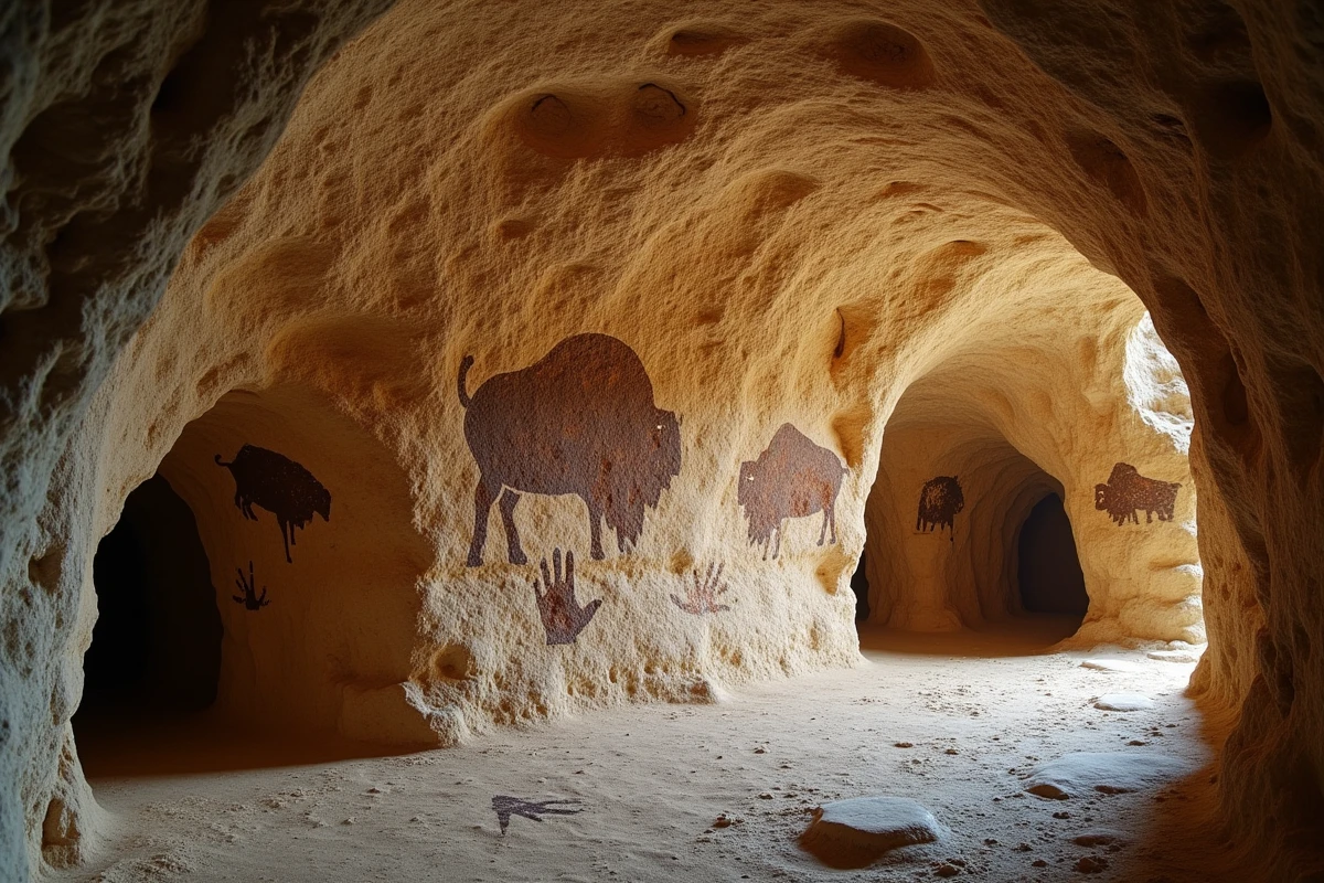 Peintures rupestres préhistoriques représentant des bisons et des empreintes de mains sur une paroi calcaire dans une grotte