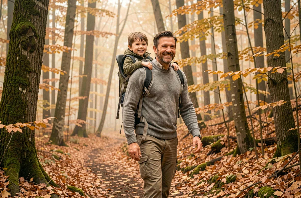 Père portant son fils en randonnée en forêt automnale lors d'une escapade famille en week-end prolongé