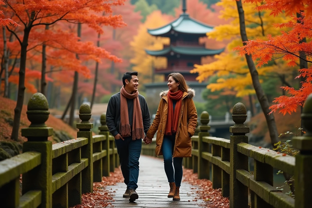 Couple sur un pont en bois entouré de feuillages automnaux rouges et dorés à Nikko, Japon en automne