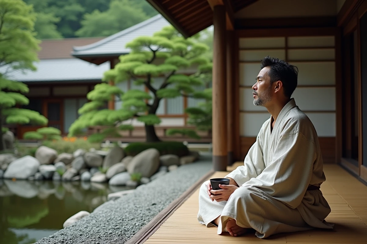 Voyageur en yukata assis sur une véranda de ryokan contemplant un jardin zen à Kyoto, Japon en été