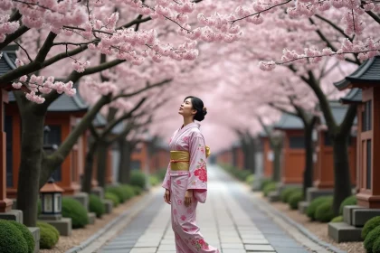 Femme en kimono sous les cerisiers en fleurs à Tokyo au printemps, allée traditionnelle japonaise avec torii en bois