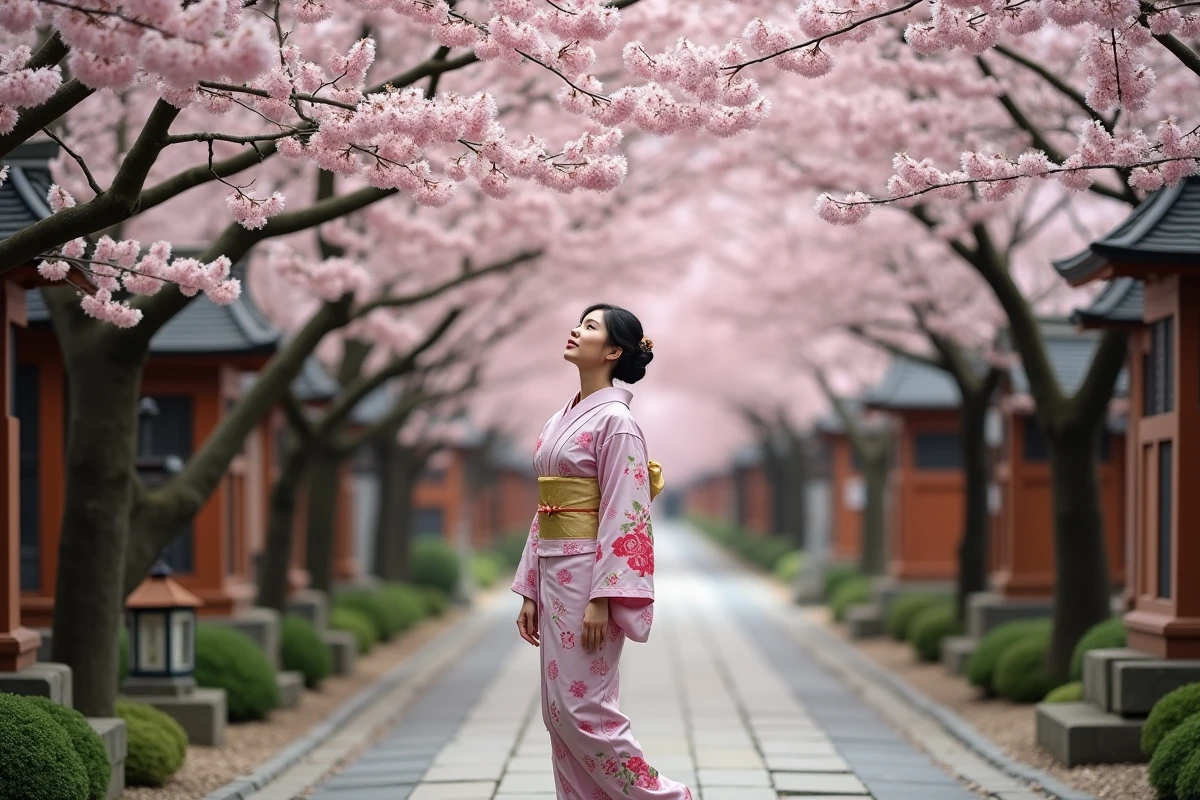 Femme en kimono sous les cerisiers en fleurs à Tokyo au printemps, allée traditionnelle japonaise avec torii en bois