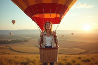 Femme agrippant le bord d'un panier de montgolfière avec une expression de crainte mêlée d'émerveillement, vue de l'intérieur de la nacelle