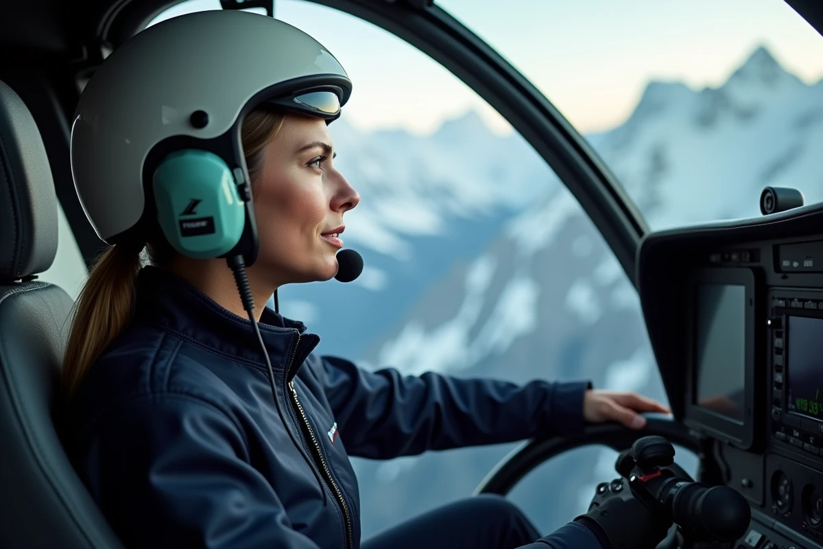 Pilote d'hélicoptère féminine en combinaison de vol surveillant un passager incommodé lors d'un vol en altitude dans les Alpes