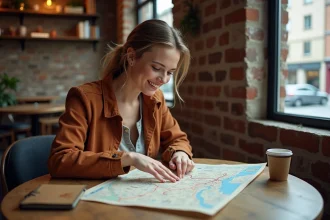 Jeune femme planifiant un voyage Interrail avec une carte Eurail dépliée et un carnet de voyage dans un café urbain