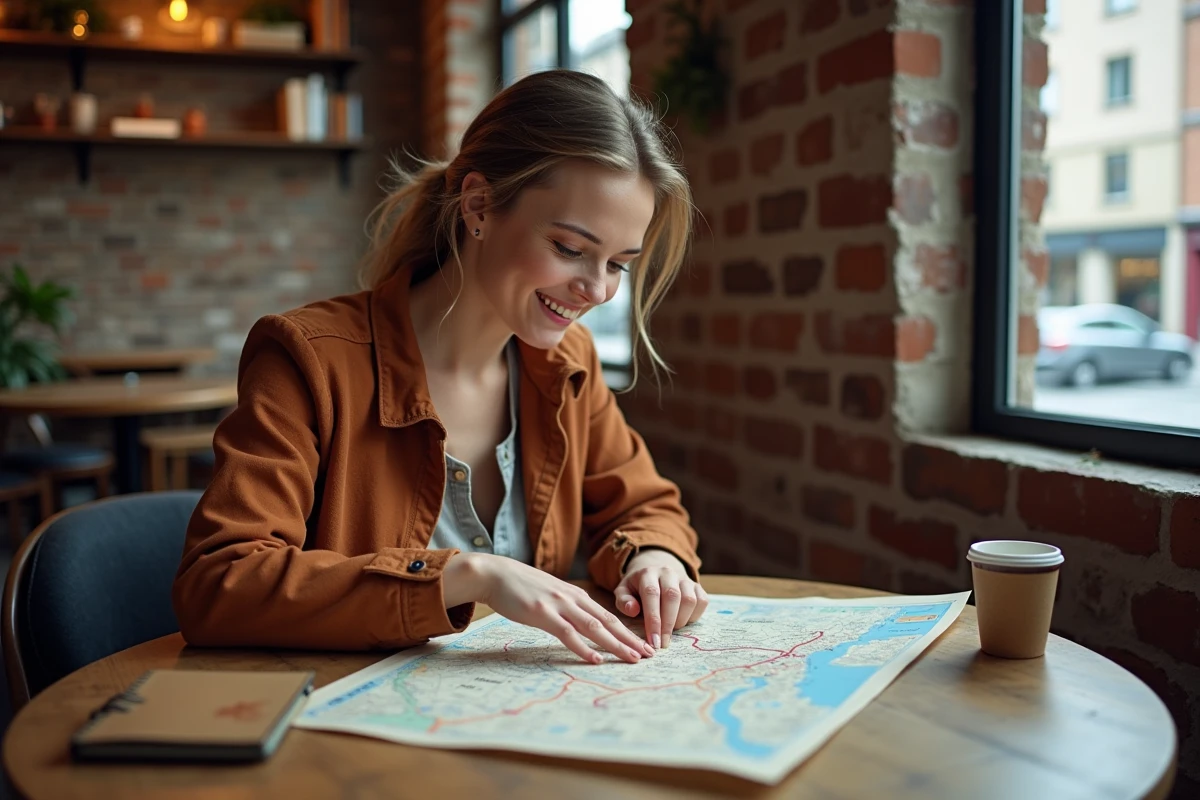 Jeune femme planifiant un voyage Interrail avec une carte Eurail dépliée et un carnet de voyage dans un café urbain