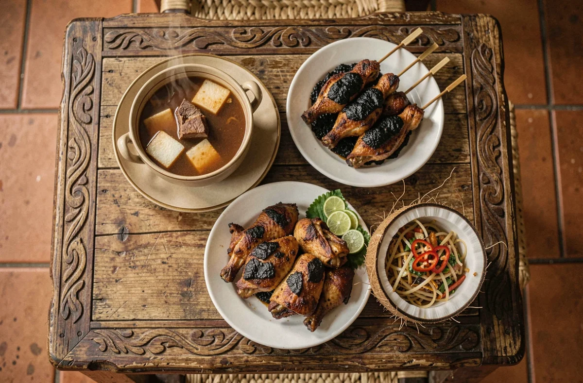 Vue aérienne de plats traditionnels de Mindanao dont le satti, le pyanggang et le sinuglaw sur une table en bois rustique