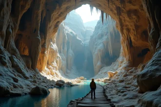 Explorateur debout dans une immense grotte souterraine avec des stalactites géantes et des formations calcaires spectaculaires